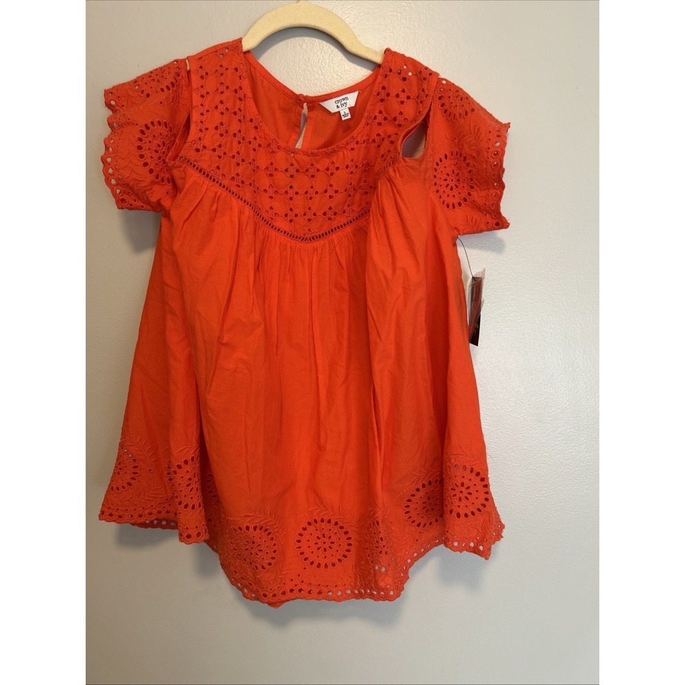 Crown & Ivy Women Petite L Coral Orange Eyelet Cold Shoulder Scoop Neck Blouse